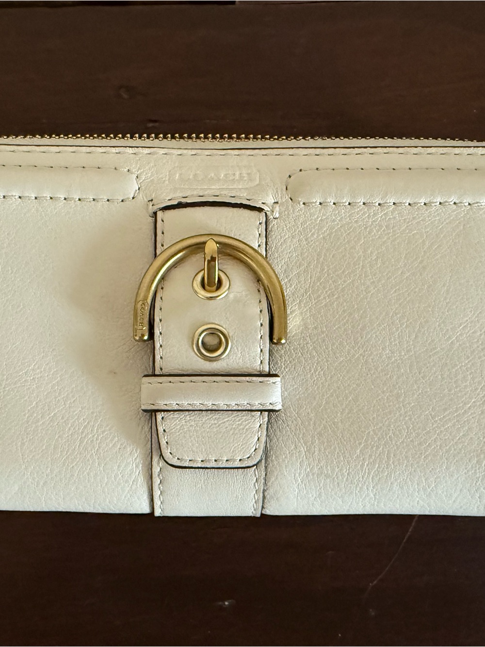 Coach White Leather Wallet with Gold Buckle Accent